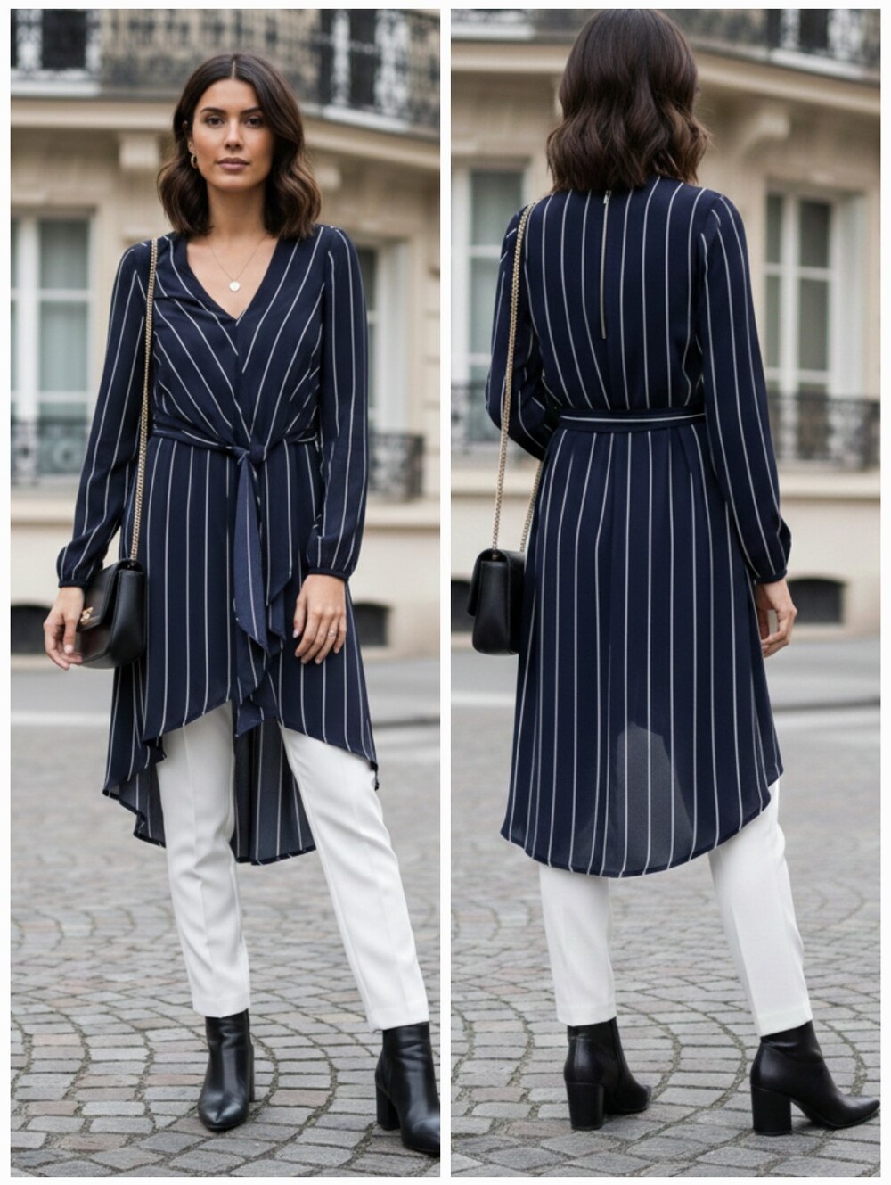 NWT Dynamite S Modern Contemporary Quiet Luxury Parisian Chic Pinstripe Tunic